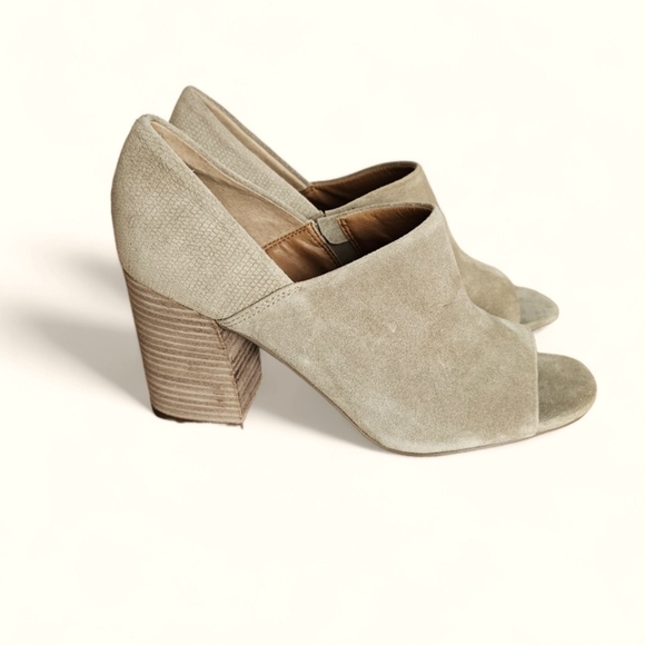 Anthropologie/Franco Sarto Ellison Taupe Suede Open Toe Block Heels Size 10M - Picture 2 of 13